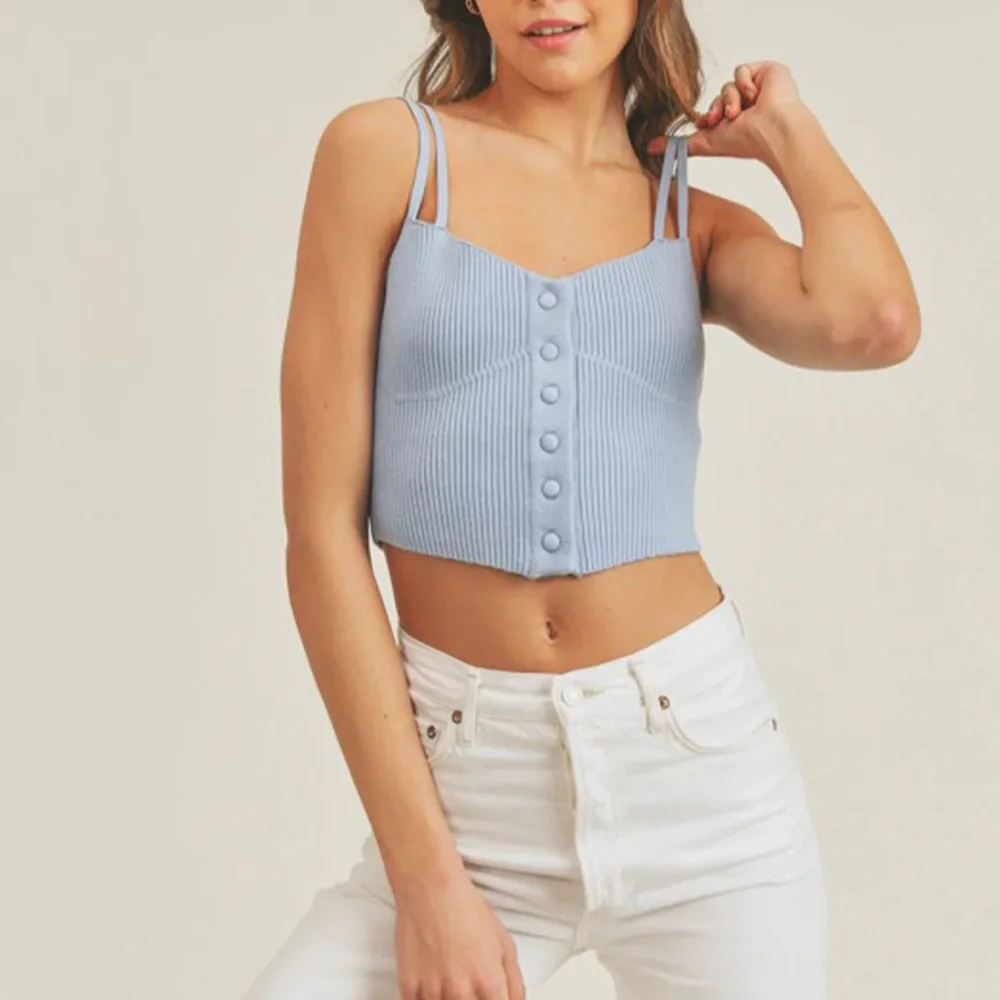 Blue Ribbed Button-Front Women's Top - Picture 1 of 7